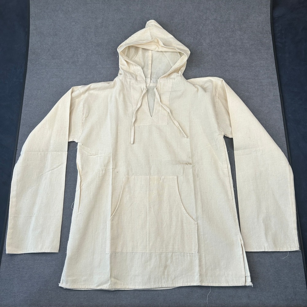 Vintage Handmade Cream Cotton Hoodie Boho V-Neck Kangaroo Pocket Pullover